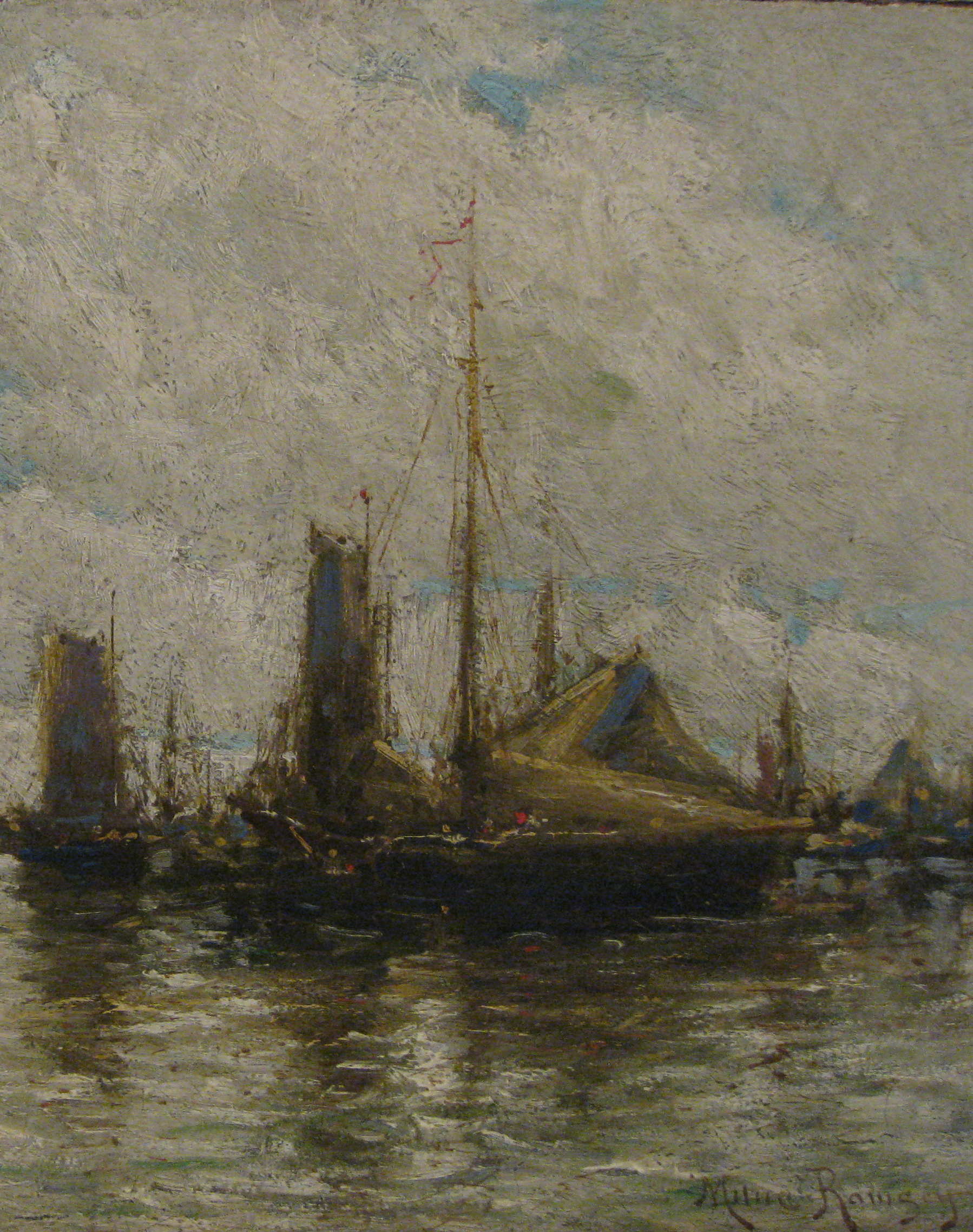 MILNE RAMSEY (1846-1915) Ships at Harbor (detail), oil on canvas, 12 x 18 inches, signed at lower right