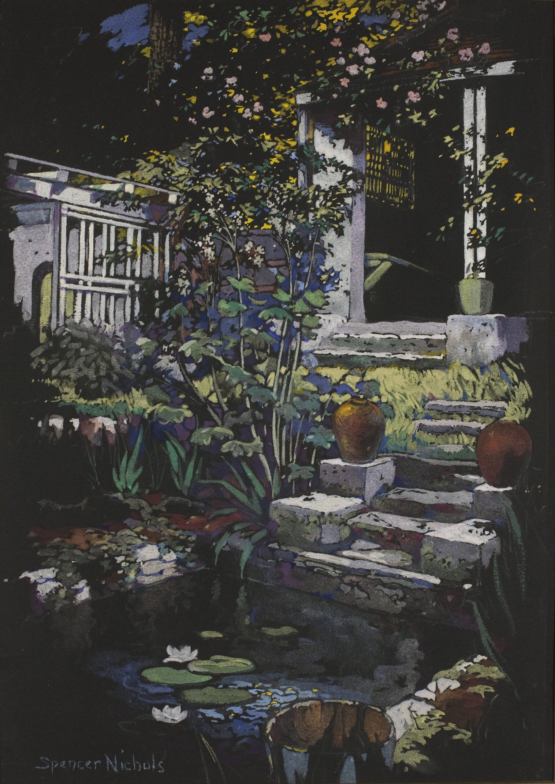 SPENCER BAIRD NICHOLS (1875-1950), Water Garden, Bronxville, gouache on black paper, 25 ½ x 20 inches.