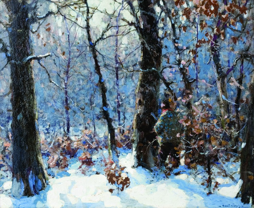 HENRY HOBART NICHOLS (1869-1962) Poaching, Winter Woods, oil on board, 18 x 22 inches