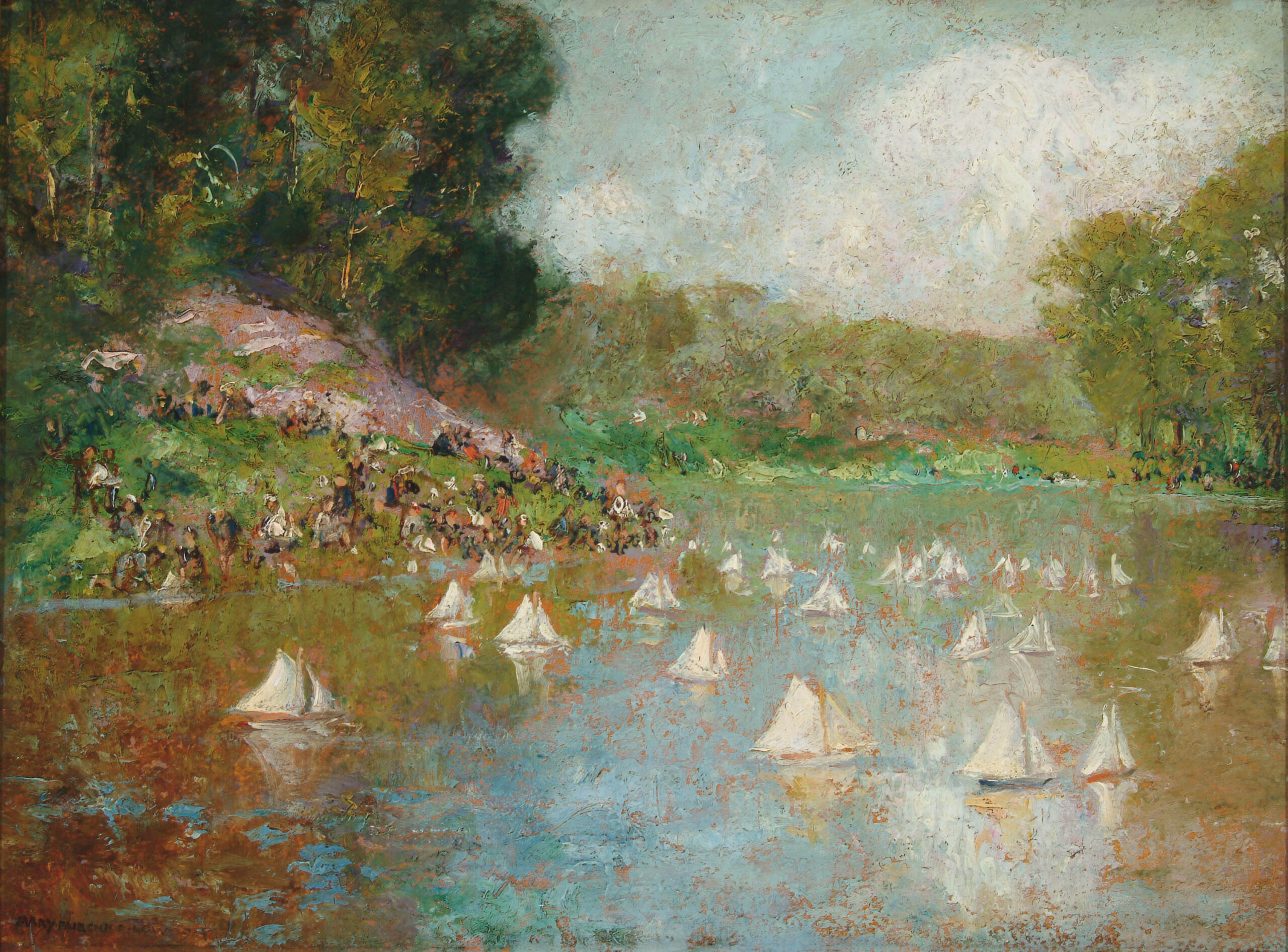 MARY FAIRCHILD (MACMONNIES) LOW (1858-1946) Children’s Regatta at Bronxville Lake, 1924, oil on board, 12 x 16 inches. Purchased in memory of Jean S. Bartlett, Village Historian from 1966-1987