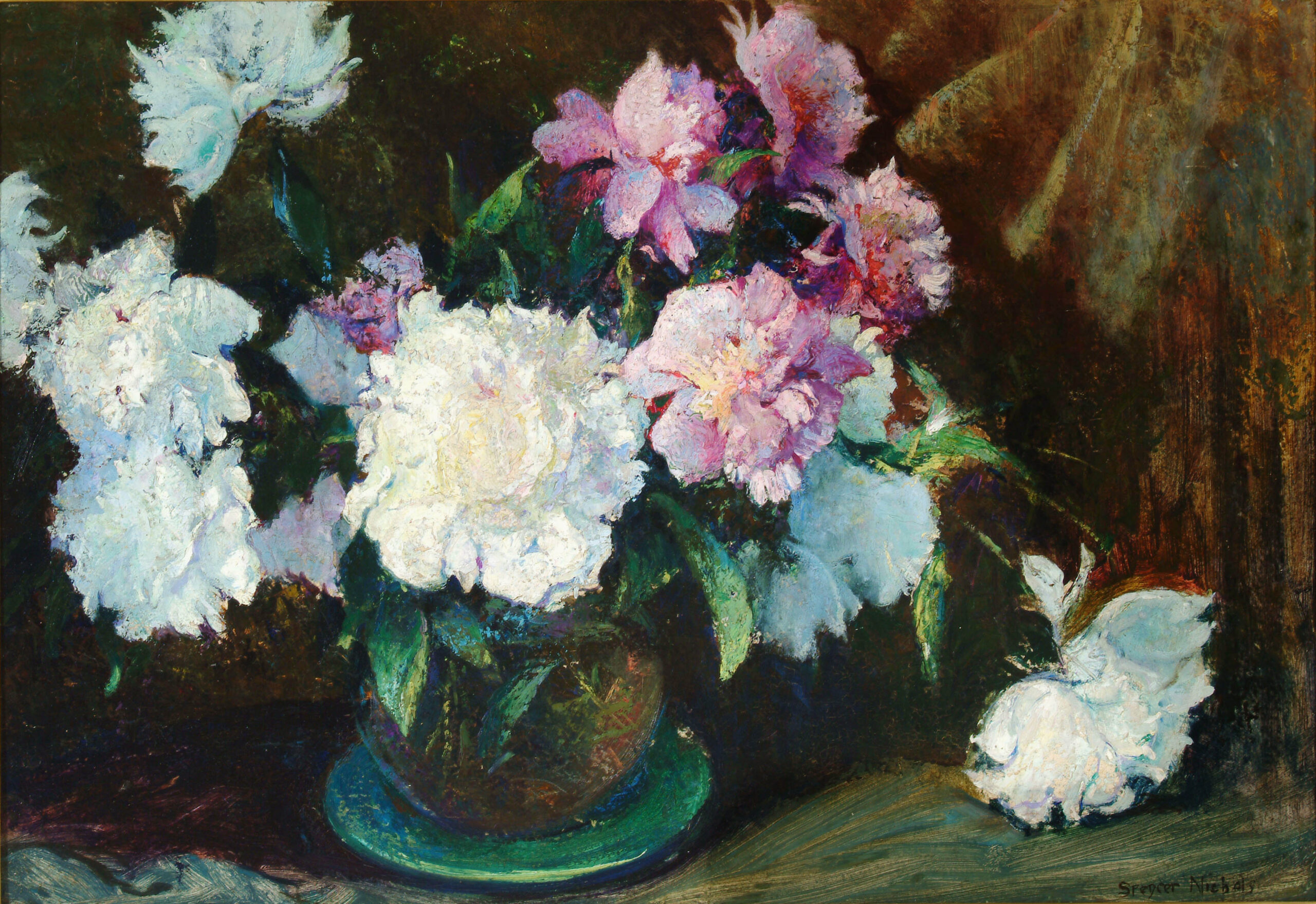 SPENCER BAIRD NICHOLS (1875-1950) Flowers in a Vase, after 1922, oil on board, 24 x 38 inches